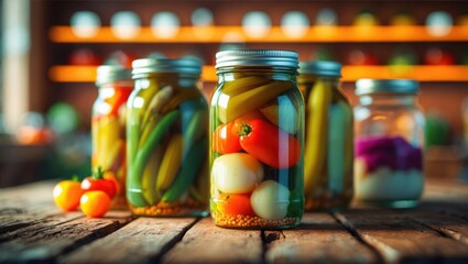 Pickled Vegetables Glass Jars. Tomatoes, Peppers and Garlic Preservation on wooden table