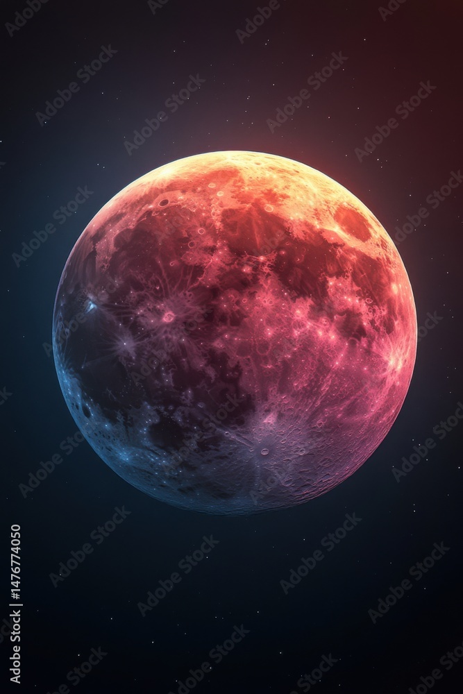 Poster full moon rising in outer space with red and blue glow artistic rendering close up view