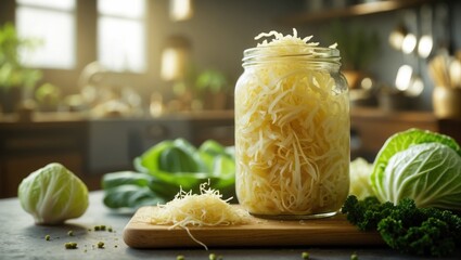 Pickled Sauerkraut Fermentation in Glass Jar on Wooden Board. Cabbage and greens surrounding homemade healthy fermented dish