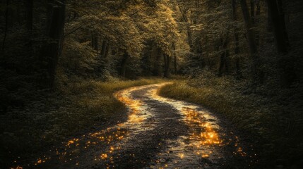 Fototapeta premium Magical Forest Path with Golden Sparkling Stream