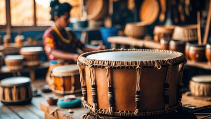 Woman crafting drums. brown drum in foreground. Ethnic instruments workshop