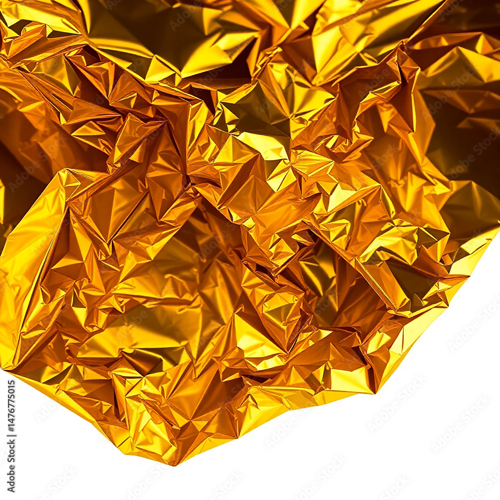 Poster crumpled gold foil on a white background, reflecting light and creating a textured surface. ideal fo