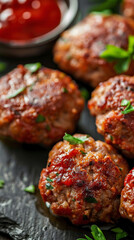 A vertical close-up of Frikadeller, focusing on the texture and color of the meatballs. The vertical orientation emphasizes the golden crust and the moist interior