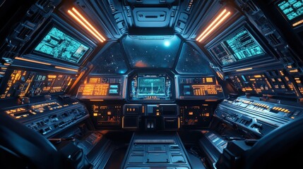 Fototapeta premium Futuristic spaceship cockpit interior view.