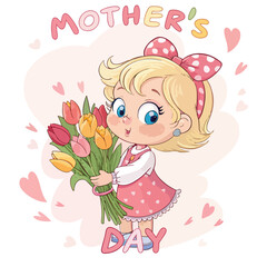 Adorable Little Girl with Tulips for Mother's Day