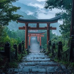 Pathway lined with multiple bright orange torii gates curving through a misty forest trail in mountainous terrain. Generative by AI.