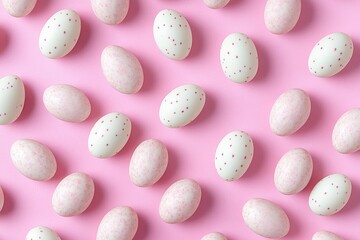 Pastel pink eggs with white polka dots arranged in a pattern