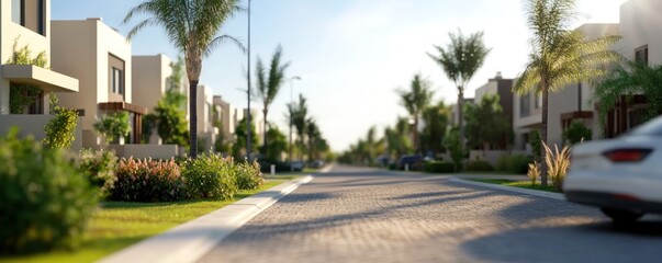 Fototapeta premium Modern residential street lined with beige homes and lush landscaping