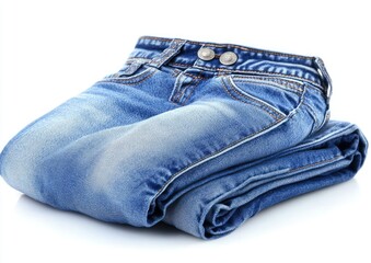 Folded pair of light blue denim jeans on a white background.  The jeans are folded neatly, showing the front and back, with visible stitching and buttons