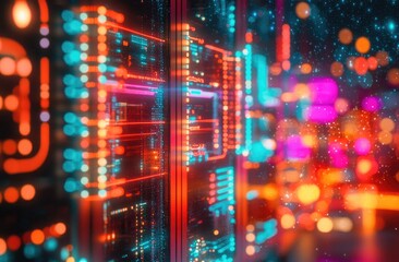 Futuristic server room, glowing circuits, digital interface, vibrant colors, abstract network.  Interconnected data flows, technology,  neon lights, glowing lines