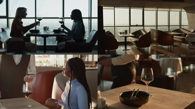 Split screen of young Black woman paying by credit card after having dinner in modern restaurant with panoramic windows