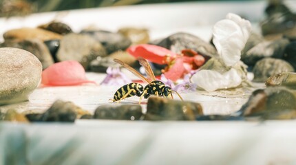 Witness a bee diligently pollinating colorful blossoms amidst smooth stones and lush plants, highlighting its vital role in sustaining biodiversity and a healthy environment