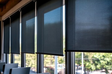 Dark gray window blinds covering a modern office space's large windows.  The blinds are rolled down, providing privacy and light control.  