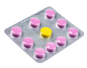 A blister pack containing nine pink tablets and one yellow tablet.