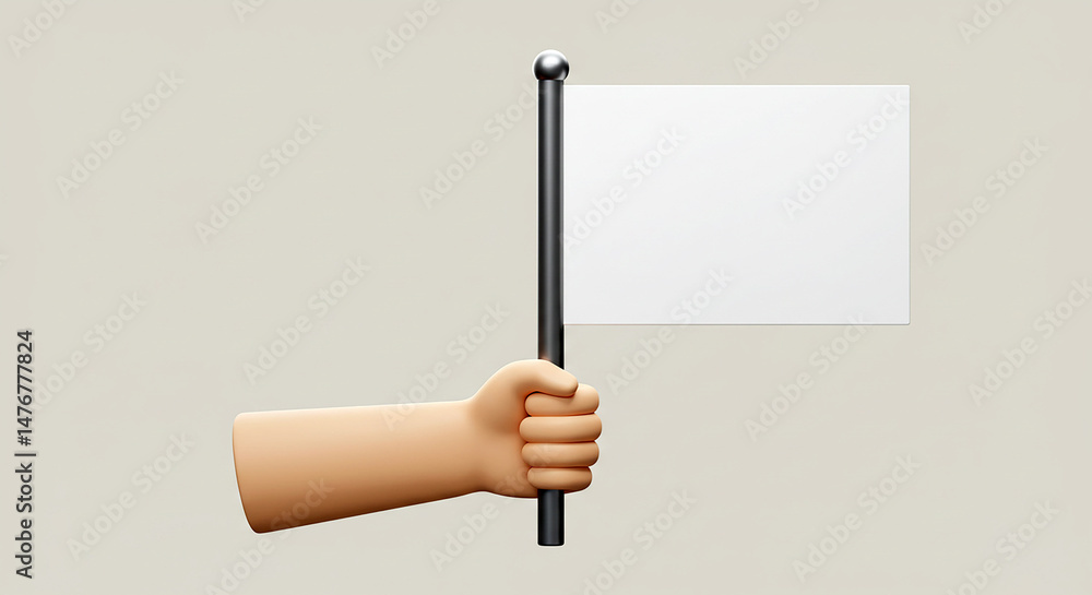 Aufkleber cartoon hand holding a blank white flag on a pole. space available for text or graphic insertion. pe
