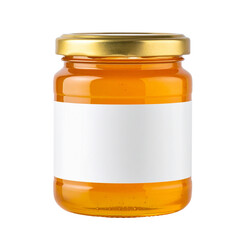 Honey jar with a gold lid and a blank white label.