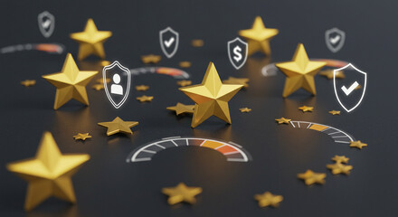 Customer Ratings: Glowing stars and interactive icons representing service excellence. The image shows the pursuit of perfection, with a strong emphasis on customer satisfaction.