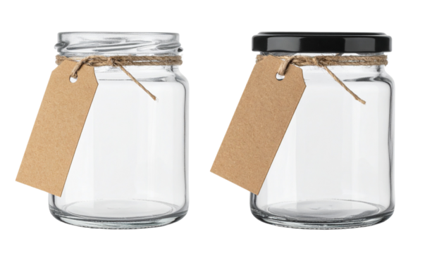 Two empty glass jars with twine and blank brown tags, one with a black lid and one without.