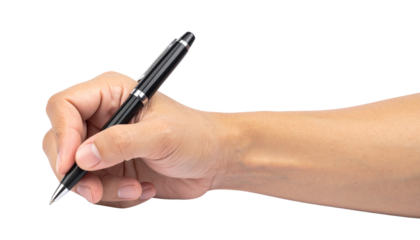 A hand holding a black pen ready to write.