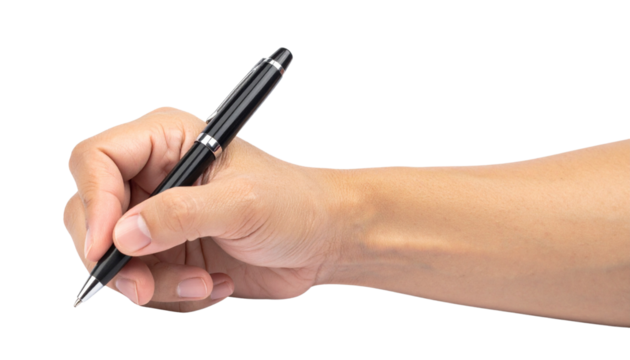 A hand holding a black pen ready to write. - Powered by Adobe