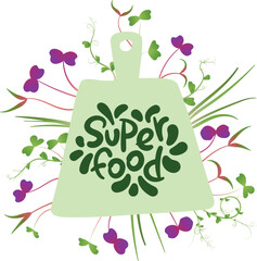 Superfood lettering on green background with bunches of greenery around. Poster, headline, logo, illustration for article