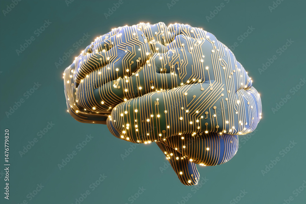 Poster a digital brain with circuit patterns and glowing lights symbolizes artificial intelligence and tech