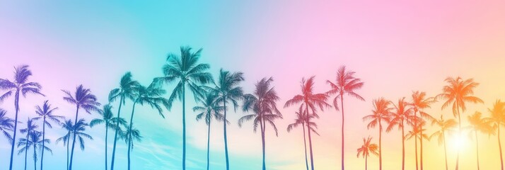 Obraz premium Silhouetted palm trees against a vibrant pastel sunset