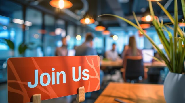 A tech team welcoming new members with a banner saying "Join Us" in a modern office.