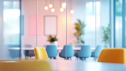 Contemporary office meeting room with pastel accents and light decor for collaborative discussions