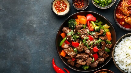 Korean beef stir fry Bulgogi served rice and kimchi top down view of bulgogi stir fried beef with vegetables served with a bowl of steamed rice and kimchi