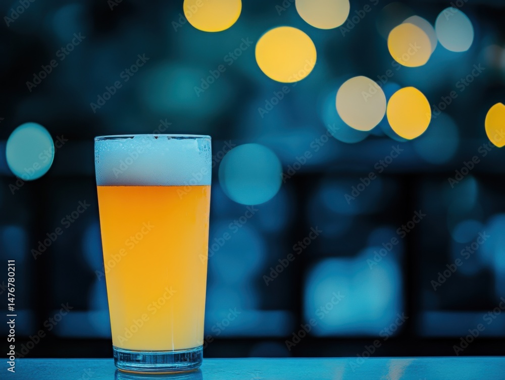 Aufkleber pint of beer close up shot with bokeh background at night in bar setting refreshing alcoholic bevera