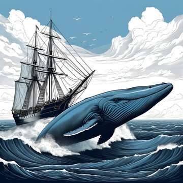 Blue whale being hunted by old time whalers book style line illustration
