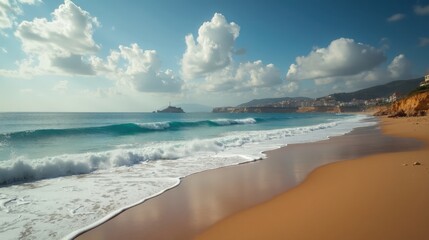 Obraz premium Wide view of Monsul Beach under cloudy midday light with soft waves and rocky cliffs.