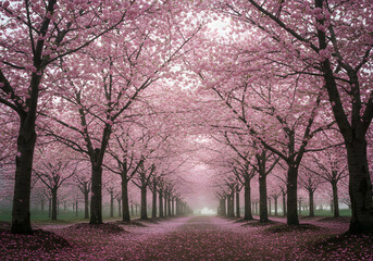 Pink cherry blossom tunnel pathway