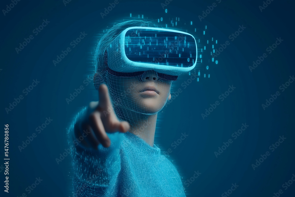 Poster a person wearing a virtual reality headset interacts with a digital environment, reaching forward as