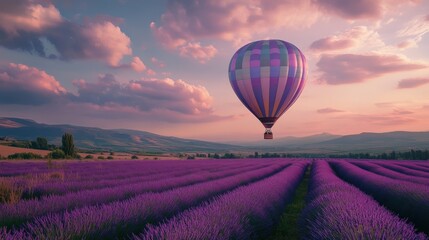 Fototapeta premium Colorful hot air balloon over a lavender field at sunset.