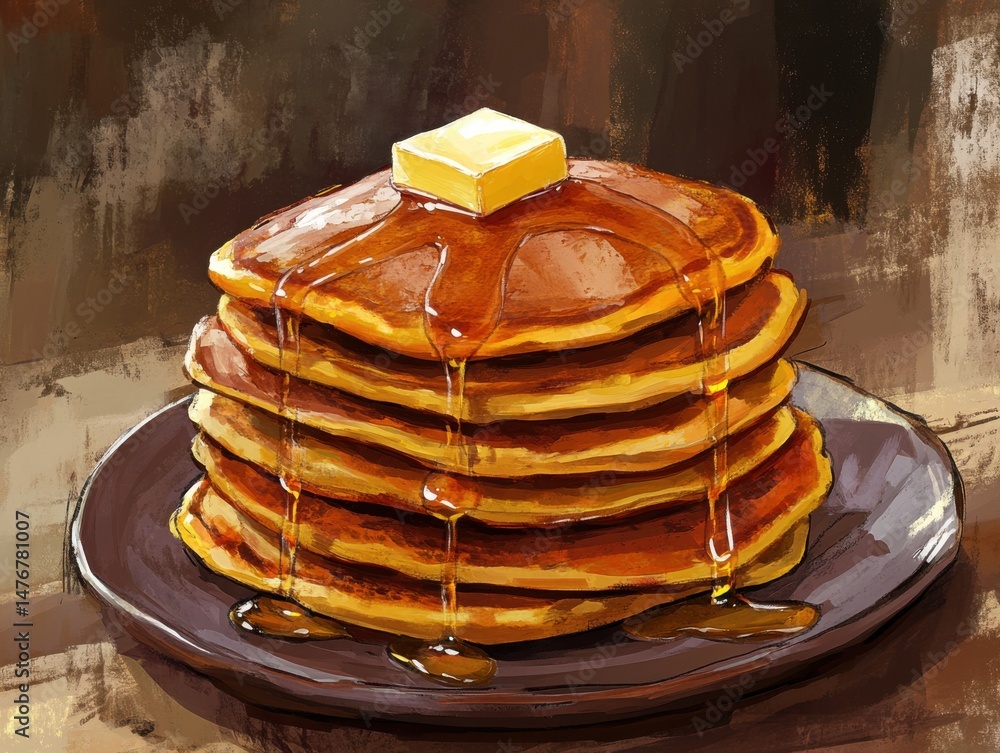Aufkleber stack of pancakes drizzled with syrup and butter on plate still life food photography breakfast trea