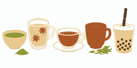 vector illustration of a glass of milk and tea cup.