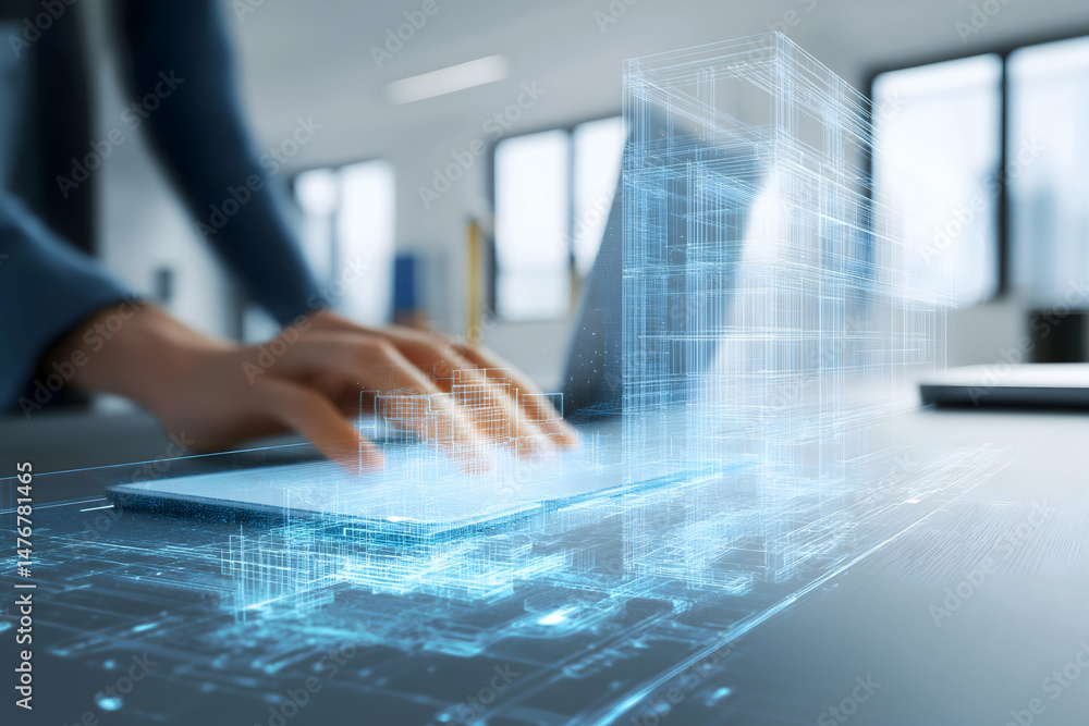 Poster a person interacts with a laptop, visualizing a digital 3d architectural model in a modern office se