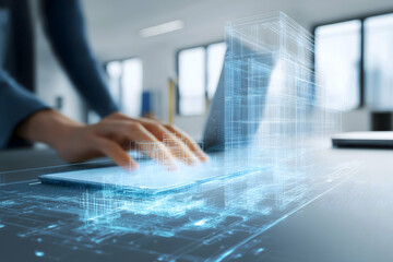 A person interacts with a laptop, visualizing a digital 3D architectural model in a modern office setting.