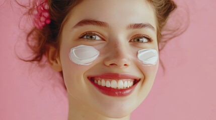 Beautiful woman smile use cream for good skin. face of a healthy woman apply cream and makeup. Advertisement for skin cream, anti-wrinkle, baby face, whitening, moisturizer, tighten pores