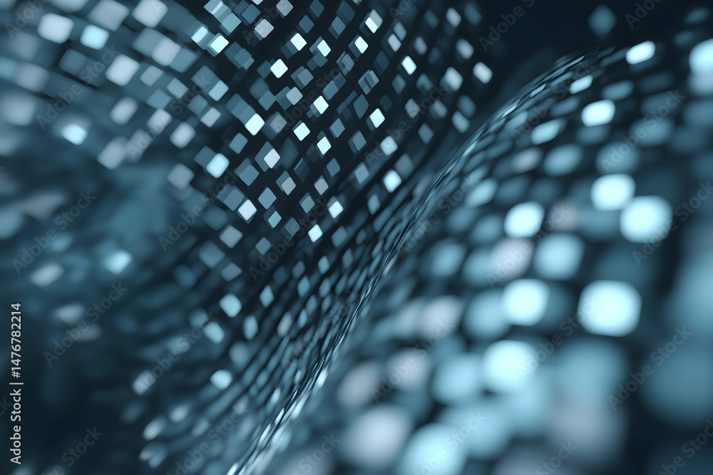 Poster abstract digital wave of glowing square pixels in blue tones, creating a futuristic and dynamic tech