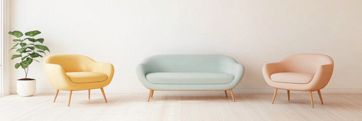 Minimalistic lounge area with pastel furniture and a calm atmosphere for relaxation or work