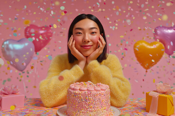 A woman smiles at a decorated birthday cake, surrounded by colorful balloons, confetti, and gifts on a festive pink background.