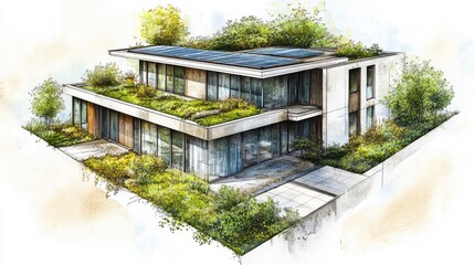 Urban Rooftop Agro-Integration Concept: Technical Drawing with Solar Panels and Green Roof Systems for Sustainable Architecture Proposals