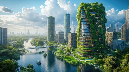 Panoramic Eco-Metropolis: Sustainable Skyscrapers with Vertical Farms and Wind Turbines Captured in 8K for Smart City Development
