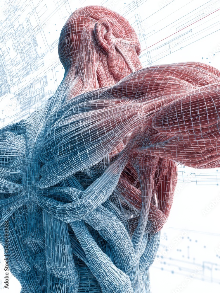 Poster 3d wireframe model illustrating human muscle structure in a clean and detailed layout for educationa