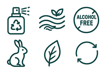 Fototapeta premium Perfume‑eco icons showing spritz, wave, badge, bunny, leaf, swirl
