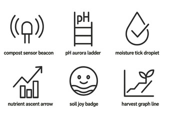 Soil‑IoT icons merging beacon, ladder, droplet, arrow, badge, graph