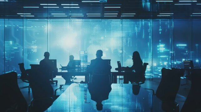 A team of professionals discussing data analytic insights in a modern conference room. - Powered by Adobe